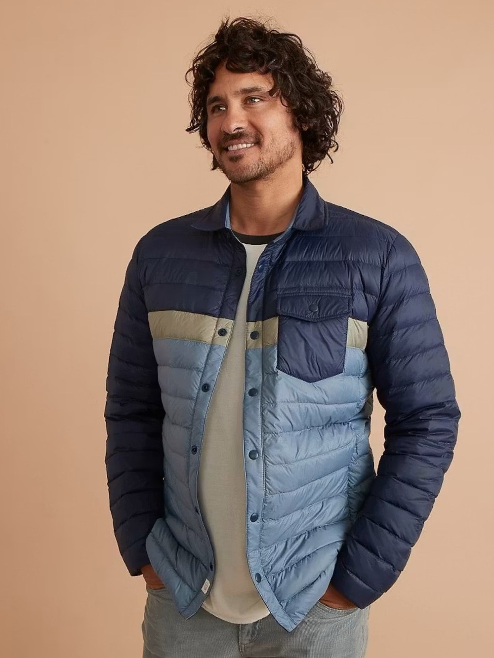 Marine Layer Puffer Overshirt Jacket Size Large Black Iris China Blue Down
